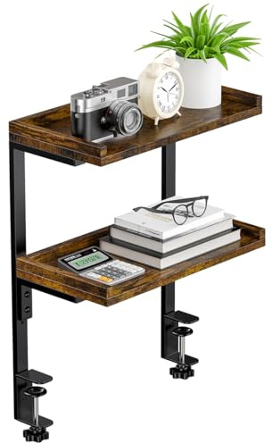 THYGIFTREE Clamp On Desk Shelf 2-Tier, Wood Shelving Unit for Office Gaming Accessories, Tabletop Book Storage Rack, Shelf for Top of Desk, Brown (Brown)