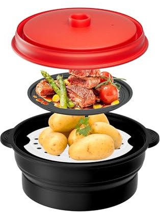Microwave Steamer for Vegetables | Microwave Grill Pan & Steamer Bowl | Microwave Silicone Cookware | Microwave Popcorn Popper | Dishwasher Safe