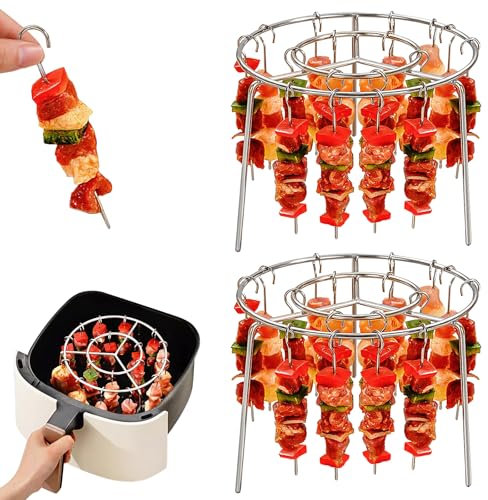 Dayinkes 2PCS Air Fryer Rack Round, 6 Inch Air Fryer Skewer Stand, Stainless Steel Hanging Oven Skewers Rack Accessories, with 24 Skewer, Multifunctional Grill for Cooking Kebabs