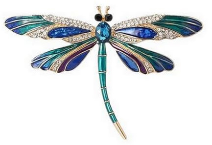 Spilla gioiello libellula blu e verde, in acciaio inossidabile.