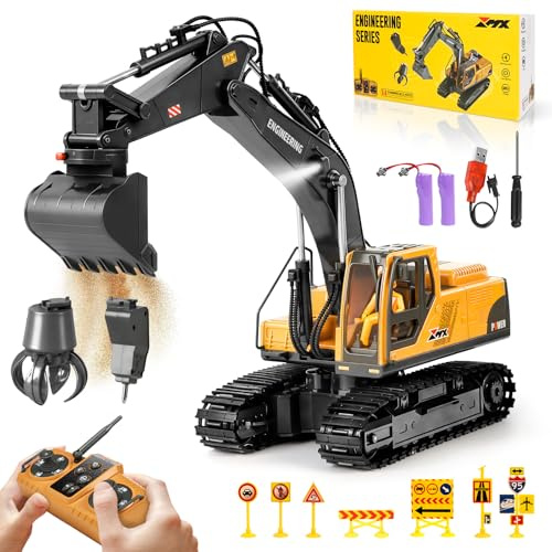 Charmofun Escavatore Radiocomandato 3-in-1, Giocattolo RC con 3 Teste in Metallo, Cabina Rotante 680° con Luci e Musica, Regalo per Bambini 3-12 Anni