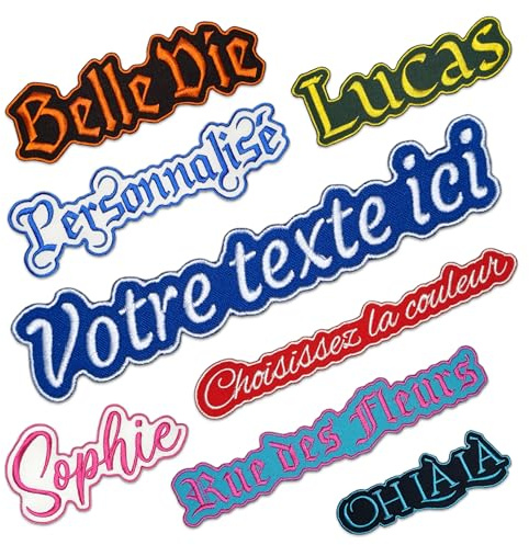 Patch prénom personnalisé – name patch brodé formé autour du texte | taille & couleurs au choix – fixation fer à repasser ou couture – fabrication européenne