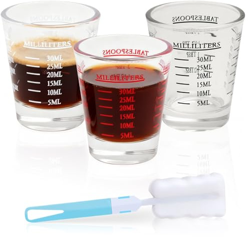 Mispudin 30ml Bicchierini Misurino 3er Set, Bicchierino Graduato Vetro con Pennello, Bicchieri per Caffè Espresso Shot Glass, Bicchiere Graduato Vetro per Cocktail, Tequila (Nero, Bianco, Rosso)
