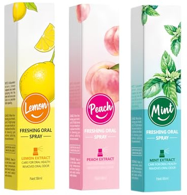 Hinapan 3 Flacons Spray Buccal Fraîcheur Instantanée, 3 Saveurs (Citron, Pêche, Menthe), Élimine la Mauvaise Haleine, Action Immédiate et Durable, Idéal en Déplacement