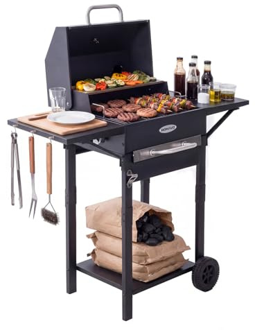 HOMAVO Barbacoa de Carbón, Parrilla con Tapa de Acero de 45×32 cm, Bandeja Ajustable en Altura, Mesa Lateral, Termómetro