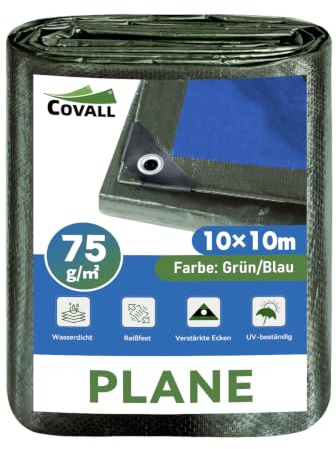 COVALL Waterproof Tarpaulin 10x10m,75g/㎡ Groundsheet DualColor Outdoor Tarp | UV & Tear Resistant, Rustproof Metal Eyelets, Green & Blue, Multipurpose For Car, Garden, Camping, Wood & Roof Protection