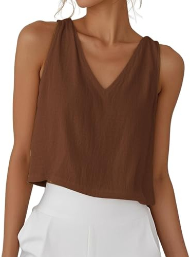 Chemise Lin Debardeur Femme Coton Col V Chic et ÉLégant Débardeur | Sans Manche Basique Uni Top Fluide Respirant Ample Caraco