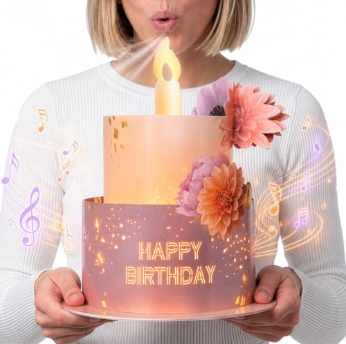 JoliCoon Tarjeta cumpleaños para mujer, música y luz, pop-up 3D, 20 x 24 cm