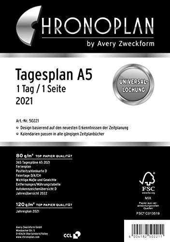 Chronoplan 50221 - Inserto per calendario 2021, formato A5 (148 x 210 mm), ideale per pianificazione giornaliera dettagliata, multilaterale (1 giorno su 1 pagina), colore: Bianco