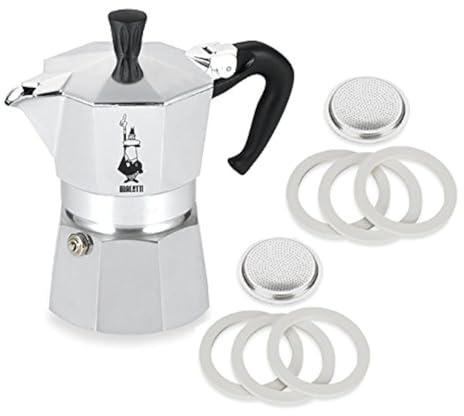 Bialetti Moka Express #06799 3-Cup Espresso Maker Machine and #06960 Bialetti, Six Replacement Gaskets and Two Bialetti Replacement Filter Plates Bundle