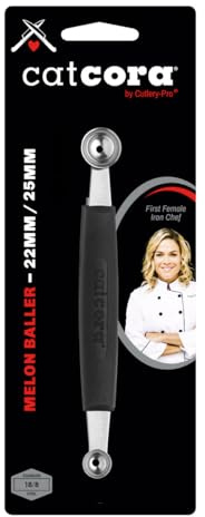 Cat Cora Melon Baller, Professional 18/8 Stainless Steel Dual Blades 22/25-Millimeter For Melon Balls and Garnishes, Ergonomic Soft-Grip Handle