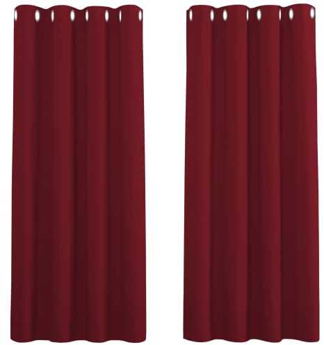 PONY DANCE Thermal Blackout Curtains - 52 x 63 Inch Eyelet Christmas Curtains Modern Style for Home Decoration Light Blocking Drapes for Short French Door, Red, 2 Panels