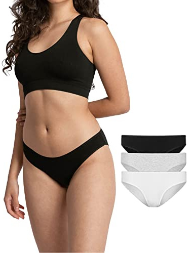 Snocks Damen Unterwäsche Slip aus Bio-Baumwolle (3er Pack) - Unterhosen Frauen Klassisches Schlichtes Design - Kein Einschneidendes Gummiband - Gr. L - Farbe Mix (White/Grau/Schwarz)