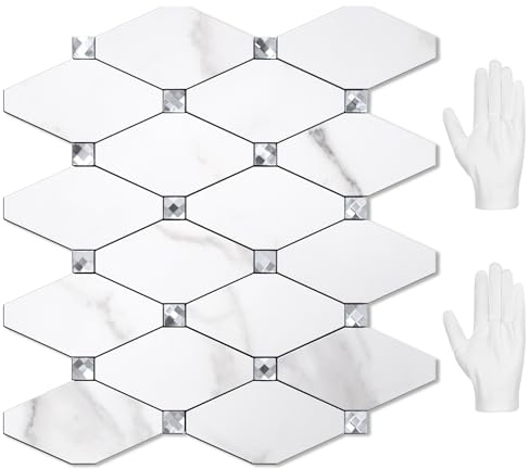 STICKGOO 10 Sheets Peel and Stick Backsplash, Calacatta Stick on Aluminum Composite Tiles Stikers, Self Adhesive Mixed Glass Backsplash for Kitchen, Bathroom, Fireplace, RV