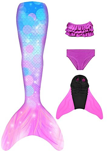 NAITOKE meerjungfrauenflosse mädchen Badeanzug - Meerjungfrau Flosse Bademode mit Bikini Set und Monoflosse Mermaid Tail, 4 Stück Set,POOQ,130