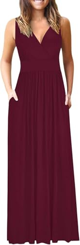 AUSELILY Ete Robe Longue Femme Maxi Robe V Col sans Manches Robe Chic et Elegant avec Poches Vin Rouge 2XL