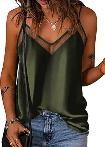 Ekouaer Silk Tank Top for Women Mesh V Neck Satin Camisole Silky Sleeveless Tank Cami Shirt ArmyGreen