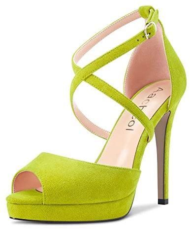 Aachcol Mujer Sandalias Plataforma Abierta Punta Correa Tobillo Aguja Alto High Heel Dress Zapatos Pumps de Boda Ante Verde Lima 12 CM 37 EU
