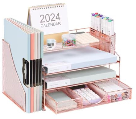 NCXTKJ Organizadores de escritorio y accesorios, organizador de bandeja de papel de 4 niveles con soporte para archivos y cajón, organización de documentos de escritorio de malla con 2 soportes para