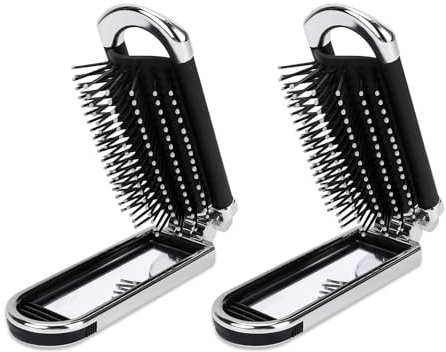 ChAusa 2 Stück Reise Haarbürste mit Spiegel, Faltbare Haarbürste, Kompakte Haarkamm, Haarbürsten Folding, Reise Pocket Haarbürste, Tragbare Haarmassage Kamm, für Frauen Männer Mädchen (Schwarz)