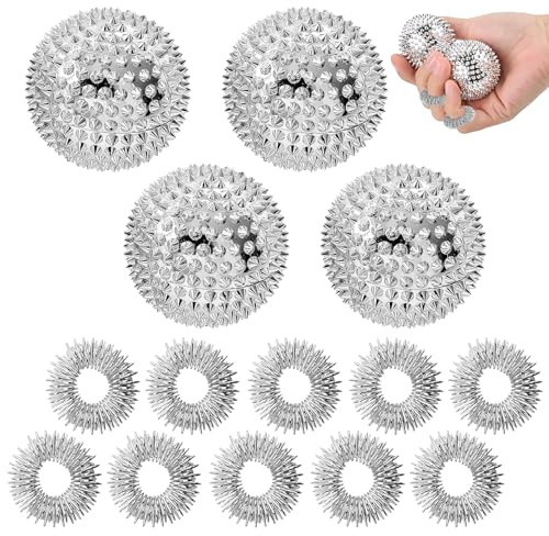 MHDUYEG 4 Bolas Magnéticas de Acupresión con 10 Anillos de Masaje, Bola Magnética de Acupuntura Anillos de Masaje, Bola de Masaje de Manos para Aliviar Las Manos y Los Pies De Adultos y Niños (Plata)