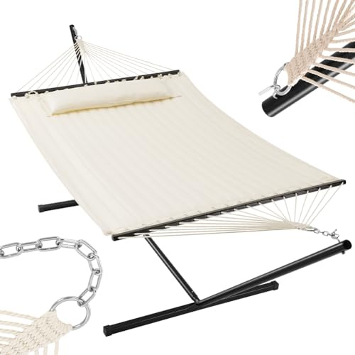 BAKAJI Hamaca de jardín con soporte brasileño y 1 cojín acolchado, marco resistente, estructura de acero, capacidad de carga 200 kg, ideal para exteriores e interiores (beige)