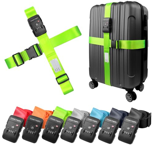 travel inspira TSA Candado Maleta Viaje Cruzadas, Cinta Maleta Seguridad | Verde, con Cerradura de 3 Dígitos, Etiqueta de Nombre, Fácil de Identificar, Ajustables Hasta 205 cm, Anti-Explosión
