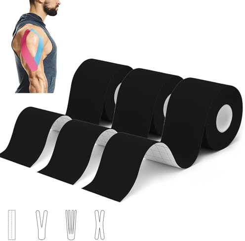 3 rouleaux Tape Kinesiologie, Bande de kinésiologie de sport pour les muscles, 5 m x 5 cm, bande kinesiologie kinesio tape étanche & élastique pour le strap sport strapping