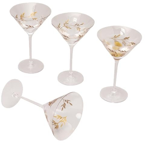 G Decor - Juego de 4 Copas de Martini botánicas, cristalería Elegante con Detalles de Hojas Doradas