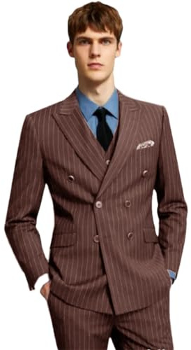 Costume rayé classique bleu pour homme - Costume de mariage à double boutonnage - Coupe ajustée - 2 pièces, marron, L