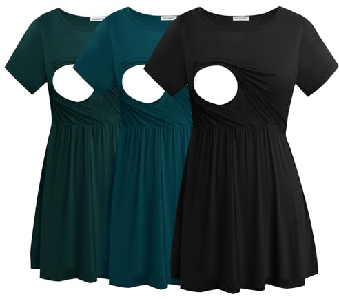 Smallshow Women's Maternity Nursing Tops Short Sleeve Breastfeeding Clothes 3 Pack,Black-Deep Green-Teal,M