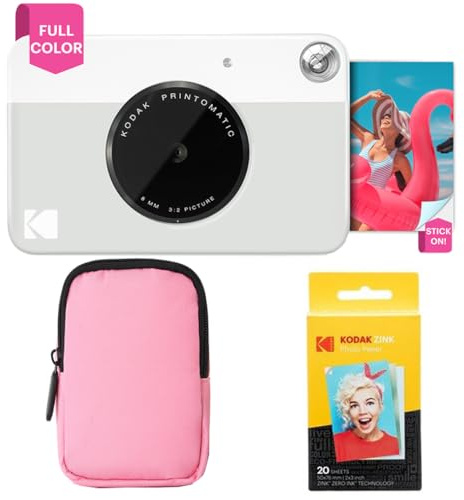 KODAK Printomatic Full-Color Instant Print Camera Starter Bundle + Soft Case + Zink 20pk Photo Paper - Colorful Photos On 2x3 Sticky-Back Paper - Fun Gift for Birthday Christmas Holiday - Grey