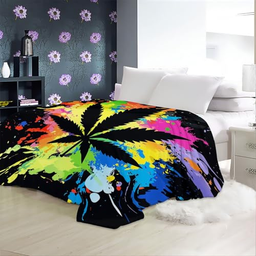 Manta Estampada Salpicadura de Pintura de Hoja de Marihuana Manta de Franela Ligera para sofá, Cama, Oficina, Mantas Estampadas Color Manta Sherpa para Cama para Todas Las Estaciones 130 X 150