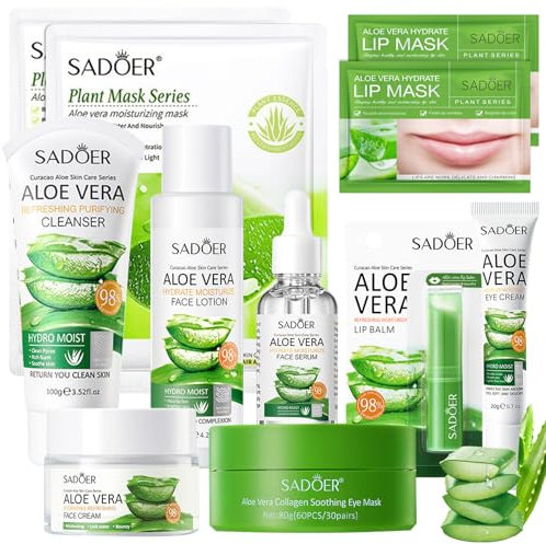 Set de Cuidado Facial Aloe Vera 11 Piezas, Aloe Vera Skincare Kit con Limpiador, Tónico, Crema Aloe Vera, Mascarilla Facial Aloe, Hidratación, Antienvejecimiento, para Adolescentes y Mujeres