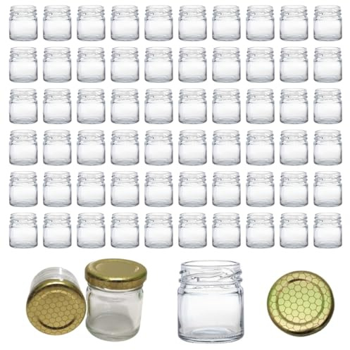 RagStore Kit 60 Barattoli Vasetti in Vetro da 40 ml con Tappo a Vite Decorato Alveare Dorato, Ideali per Miele, Bomboniere, Segnaposto, Monoporzione Colazione