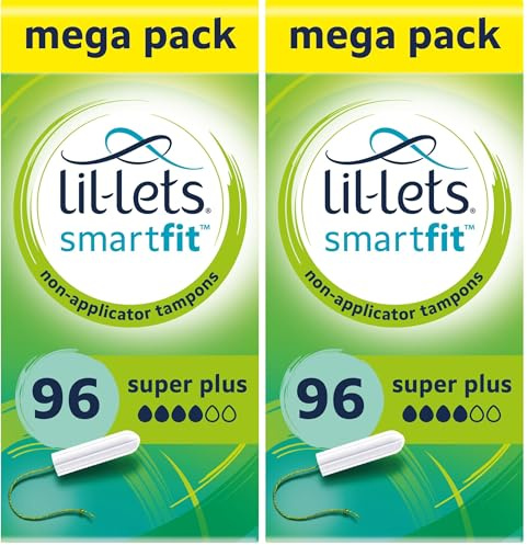 Lil-Lets Non-Applicator Super Plus Tampons X 96, (12 Packs of 16 Tampons), for Heavy Flow, 4 Droplets, Plant-Based, SmartFit Non-App Tampon
