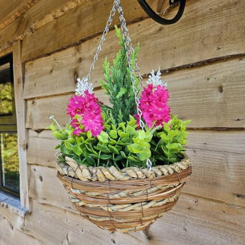 Bästa konstgjorda 28 cm hyacint blomdisplayer i 25 cm rund rottingkorg – lämplig för utomhusbruk, inomhus och trädgård (rosa)