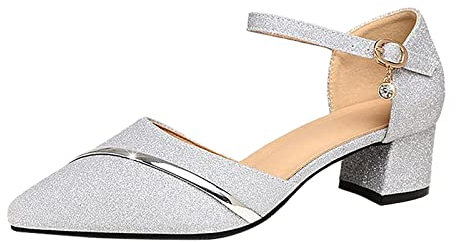 Glitterskor för kvinnor glittrande sandaler för kvinnor stängd tå klänning sandal eleganta hovskor lågblock klackad sko med ankelrem klackar för fest bröllop skor spetsig tå formella sandaler, SILVER