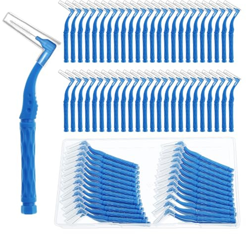 RAYITO 50pcs Interdental Brushes, Blue Soft Dental Brushes | Non-Slip Handle Angled Head Tooth Picks Floss Sticks Dental Floss Brushes for Braces Oral Cleaning Narrow Gaps Between Teeth