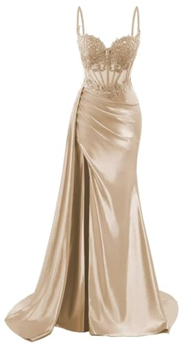 WISIYLE DSJ013 Robe de cocktail en satin à bretelles spaghetti avec dentelle et fente haute pour femme, champagne, 44