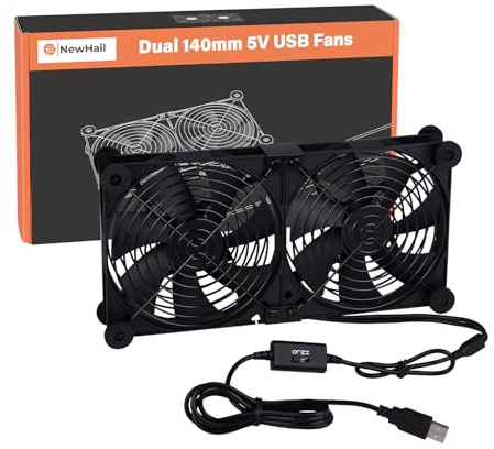 NewHail Ventilador de enrutador dual silencioso de 140 mm con controlador de velocidad L/M/H de 3 grados, ventilador de caja de refrigeración alimentado por USB de 5 V CC para módem enrutador