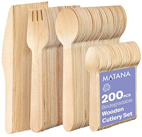 MATANA 200er Holzbesteck Set - 50 Messer, 50 Gabeln, 50 Löffel, 50 Teelöffel - Umweltfreundlich, Biologisch Abbaubar, Kompostierbar & Plastikfrei - Einwegbesteck für Party, Picknick, Events, Grillen