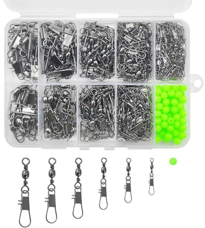 Drchoer Fishing Barrel Swivels with Snap Kit: 350pcs/box Interlock Snap Swivel Size 2# 4# 6# 8# 10# 12# and Beads Set for Saltwater Freshwater Fishing Line Hook Connector