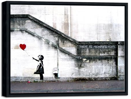 Wieco Art Black Framed Canvas Prints Wall Art of Banksy Grafitti Girl with Red Balloon Grey Love Pictures Paintings for Living Room Bedroom Home Decorations
