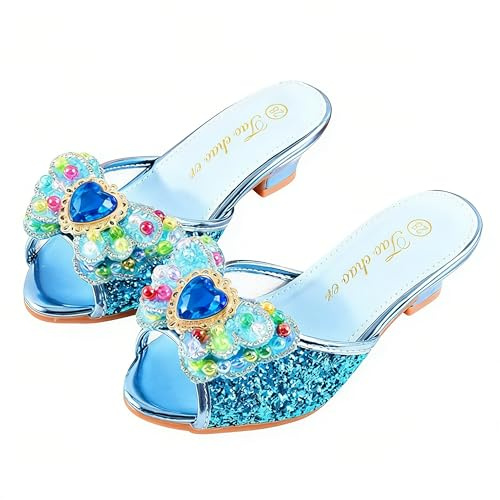 Monissy Frozen Principessa Elsa Mules Tacco Alto Pantofola Bocca di Pesce Paillettes Due Fiocchi di Pelle Elsa Distintivo Distintivo Perline Colorate con Intarsio di Cristallo Scarpe，Blu,27