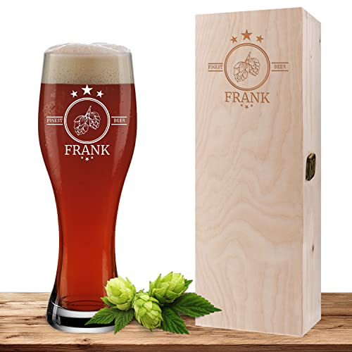 Deitert Weizenglas mit Name und Wunschmotiv graviert inkl. Geschenkbox, Bierglas 0,5l mit gravierter Holzbox, individuelles Geschenk, personalisiertes Weißbierglas - Motiv Finest Beer