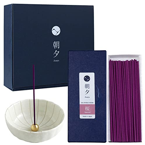Asayu Japan Low Smoke Incense Gift Set with Incense Holder and Brass Stand, Agarwood Incense Sticks with Zen Ceramic Incense Holder, Made in Japan (Sakura + White Lotus Holder)