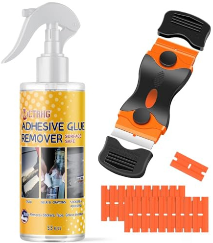 Adhesive Remover, 3.3 fl.oz Sticker Remover Spray for Labels, Glue Remover with Scraper & 19 Extra Plastic Razor Blades, Rapidly Removes Labels, Sticker, Glue, Residue