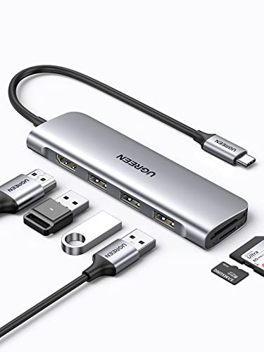 UGREEN Revodok USB C Hub 6 in 1 USB C Adapter mit 4K HDMI, SD/TF Kartenleser, USB A 3.0 Ports kompatibel mit iPhone 15/15 Pro, MacBook Pro/Air, iPad, Surface, Galaxy S24, Rog Ally usw. (Silberweiß)