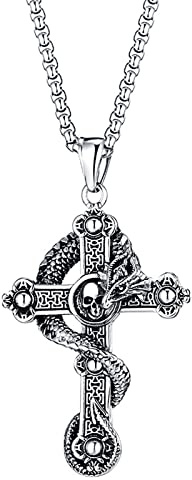 KONFEN Collier Croix Pendentif Homme Femme, Crâne Croix Chaine Acier Inoxydable 70cm pour Homme, Chaîne Croix Viking Hip Hoo Bijoux Cadeau d'anniversaire pour Homme Garçons